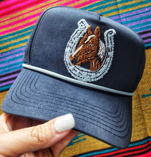 Racers luck chenille patched horse trucker cap