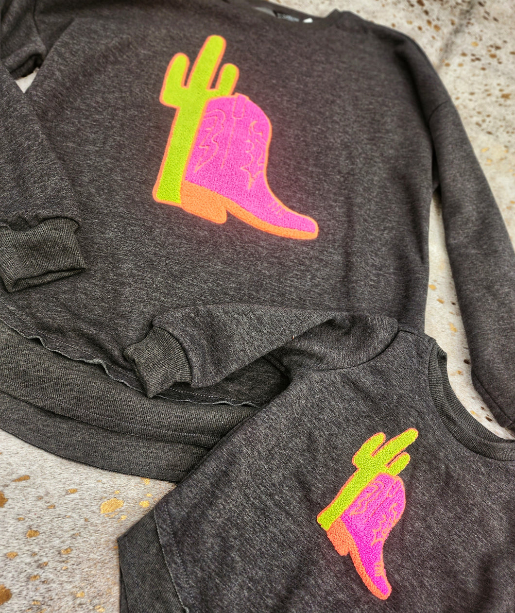 Neon boot scootin' chenille patch sweatshirt