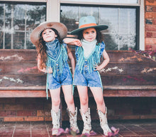 Fringed denim ruffle romper
