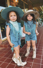Fringed denim ruffle romper