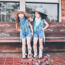 Fringed denim ruffle romper