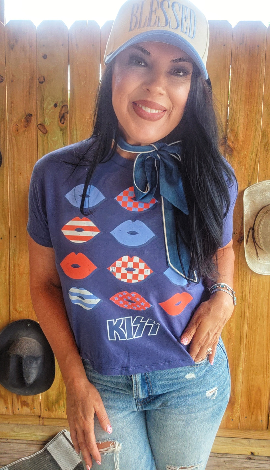 Red white blue Kiss lips mom crop