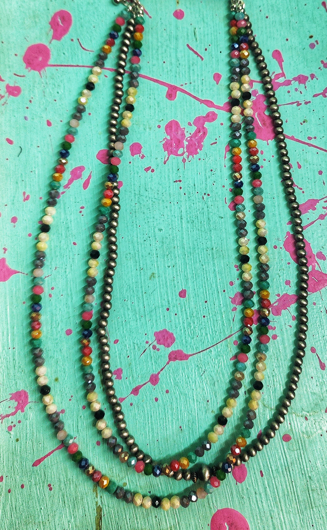 Triple strand multi color necklace
