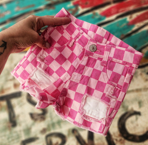 Checkered me pink distressed shorts