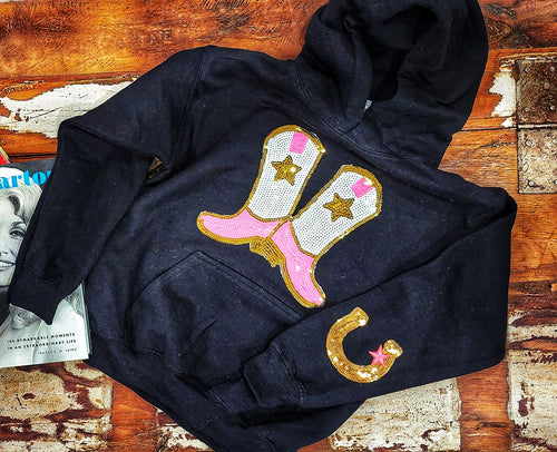 Sequined cowgirl vibes boot hoodie