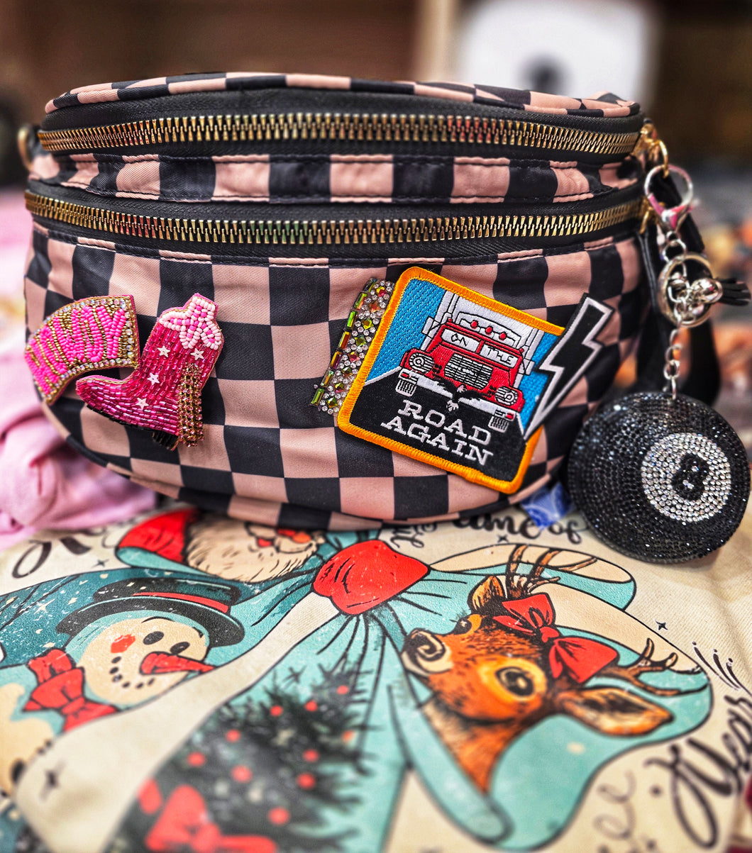 OOAK checkered patched sling bag