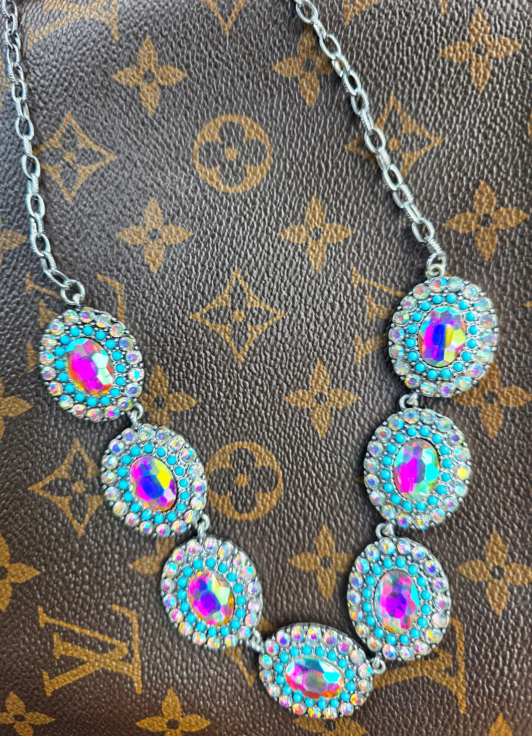 Blinged out turquoise studded necklace (with irdescent studs)
