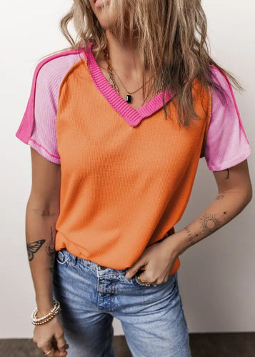 Mamacita v neck orange/pink ribbed tee