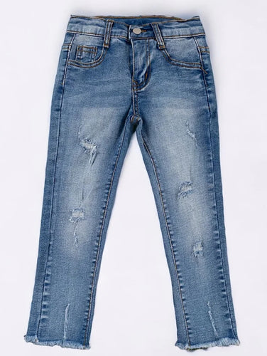 Stretchy denim raw hemmed jeans (dark wash)