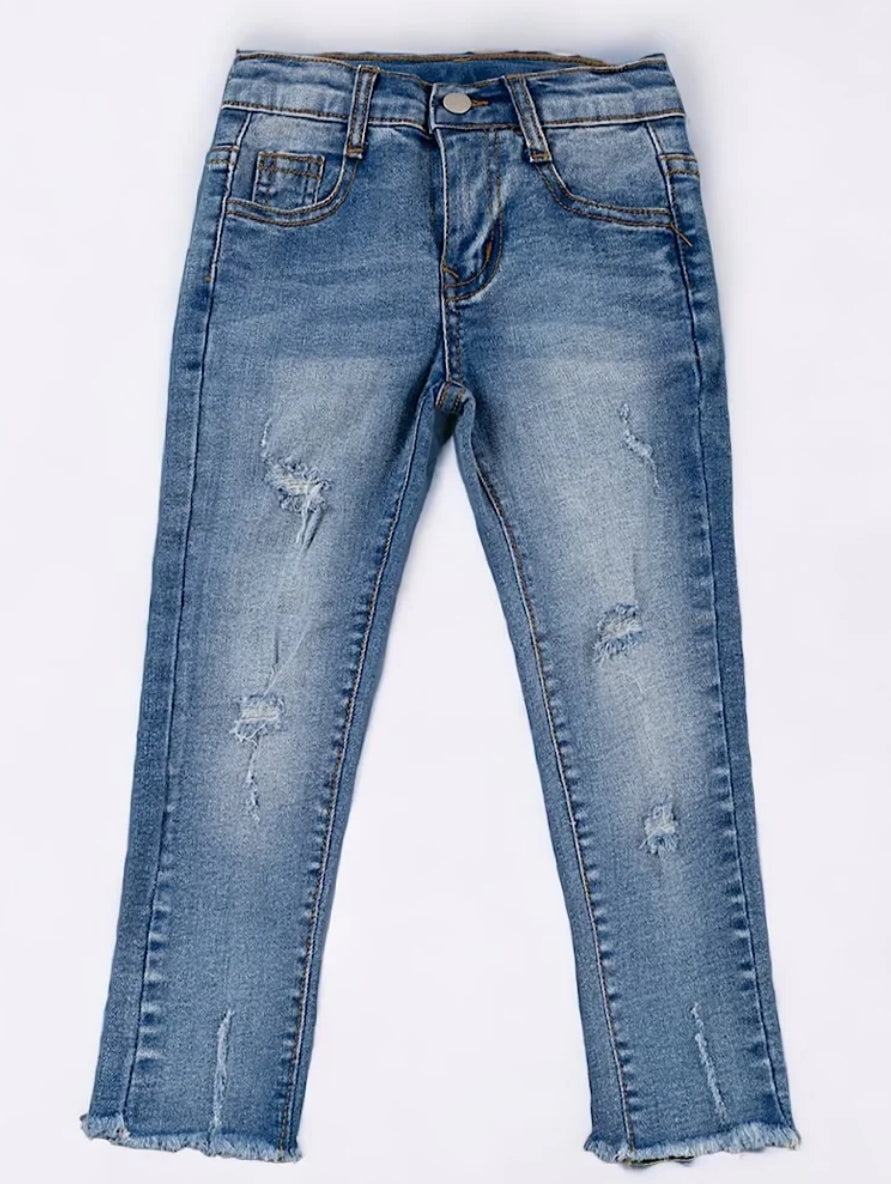 Stretchy denim raw hemmed jeans (dark wash)