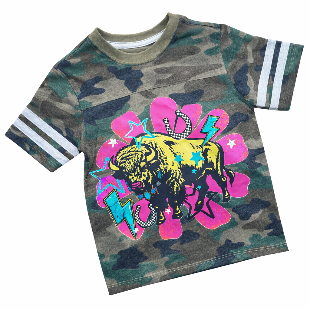 Wild camo buffalo kids tee