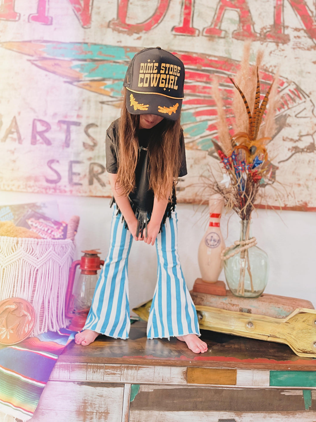 Striped electric blue bell bottoms