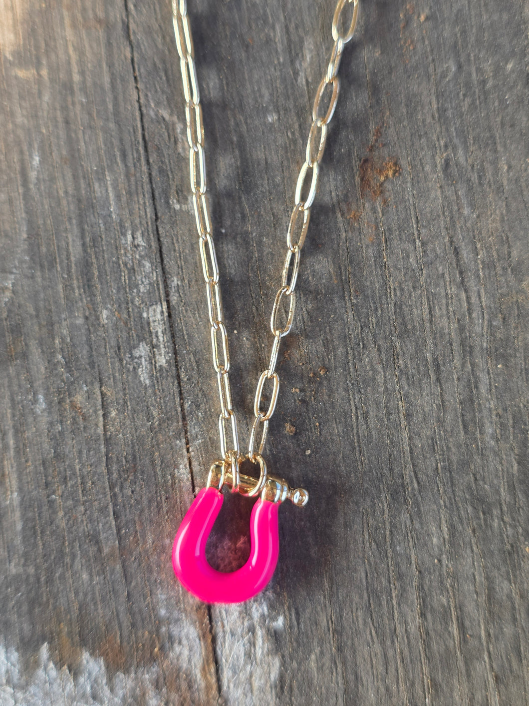 Mini neon pink stirrup necklace