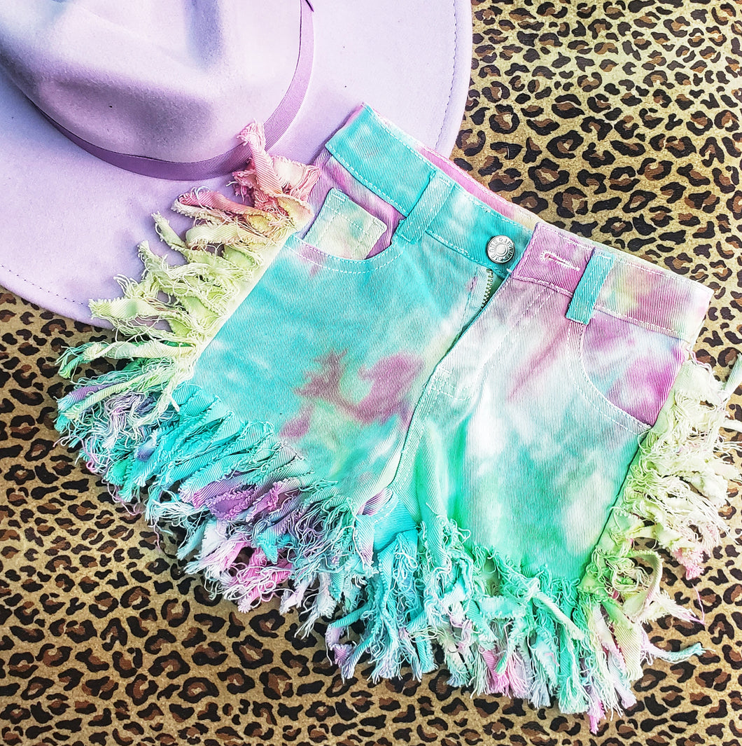 Cotton candy tie dyed fringe shorts
