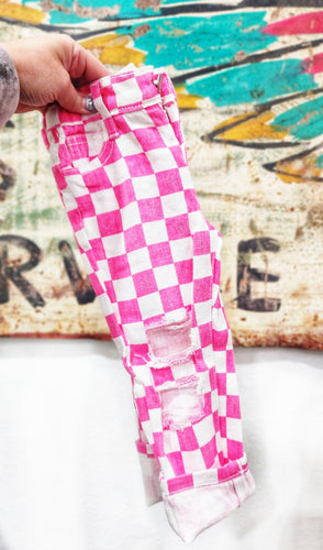 Checkered boyfriend fit distressed crop jeans